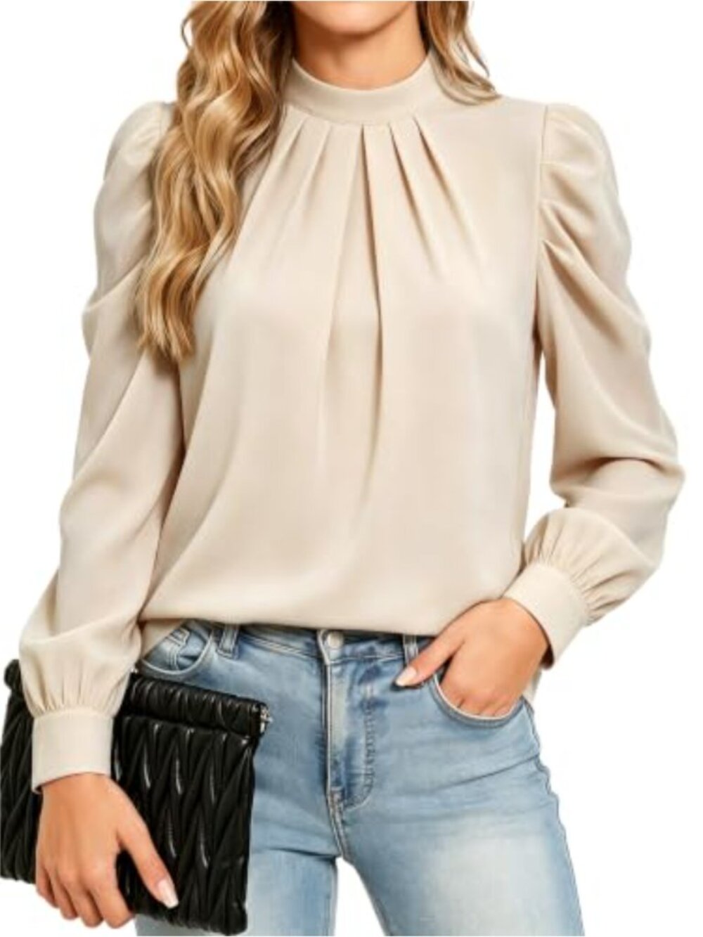 Women Puff Long Sleeve Mock Neck Chiffon Blouse Business Casual Top